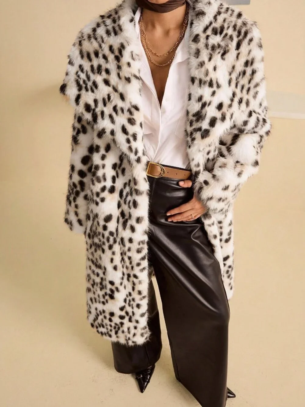 Apricot Party Women's Leopard Print Faux Fur Collar Long Coat